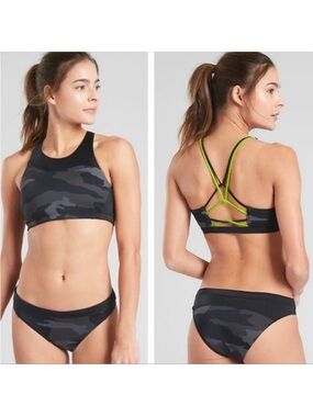 Athleta Camo Bikini Top L Black Gray High Neck Strappy Back Swim Top NWOT
